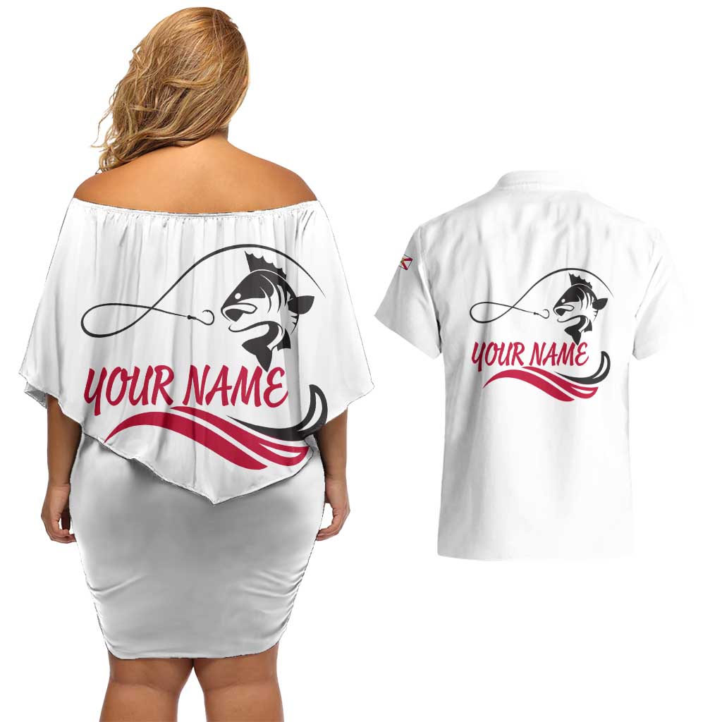 Flag Florida Fishing Couples Matching Off Shoulder Short Dress and Hawaiian Shirt Fish Hook Rip Detail and Custom Name Red Accent Design - Wonder Print Shop