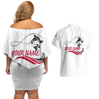 Flag Florida Fishing Couples Matching Off Shoulder Short Dress and Hawaiian Shirt Fish Hook Rip Detail and Custom Name Red Accent Design - Wonder Print Shop