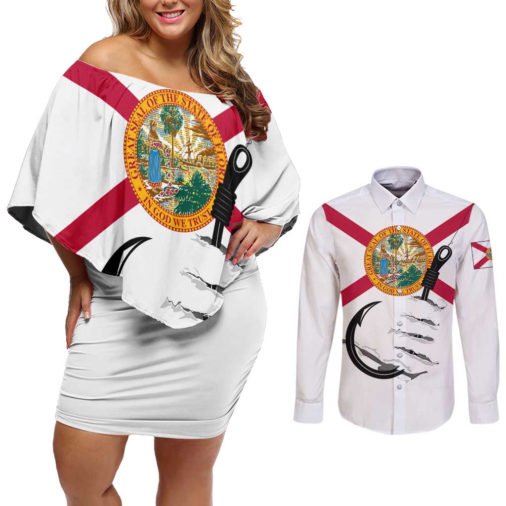 Flag Florida Fishing Couples Matching Off Shoulder Short Dress and Long Sleeve Button Shirt Fish Hook Rip Detail and Custom Name Red Accent Design - Wonder Print Shop