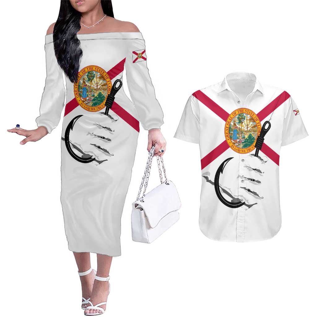 Flag Florida Fishing Couples Matching Off The Shoulder Long Sleeve Dress and Hawaiian Shirt Fish Hook Rip Detail and Custom Name Red Accent Design - Wonder Print Shop