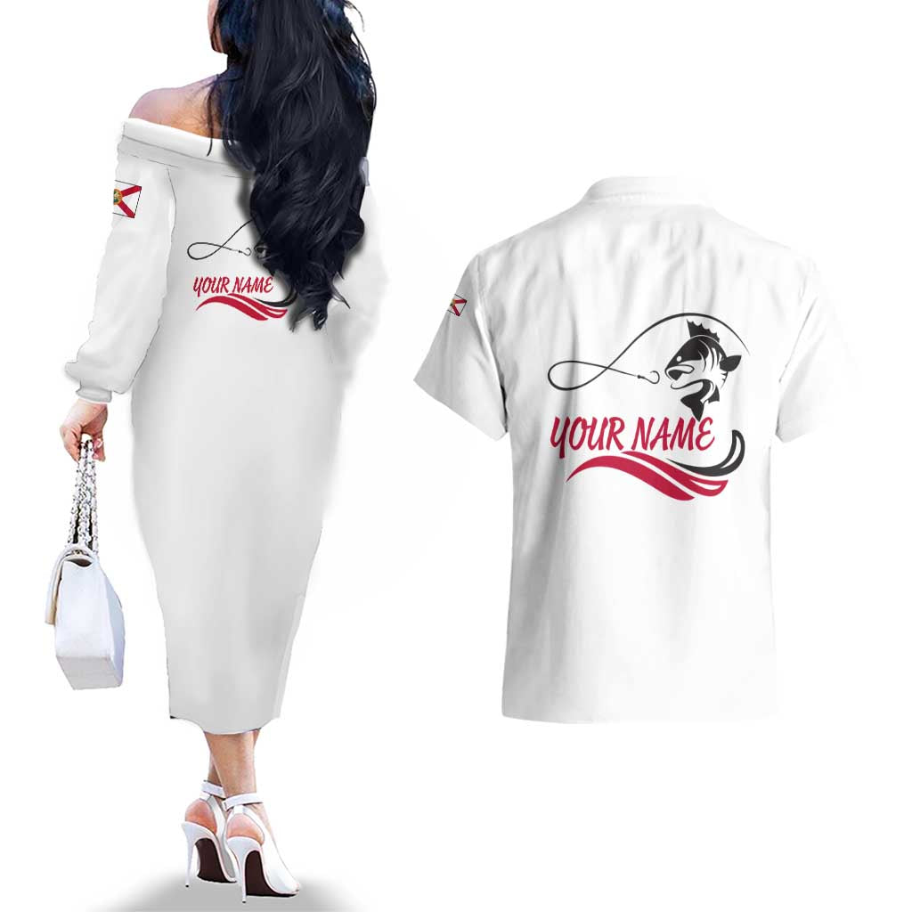 Flag Florida Fishing Couples Matching Off The Shoulder Long Sleeve Dress and Hawaiian Shirt Fish Hook Rip Detail and Custom Name Red Accent Design - Wonder Print Shop