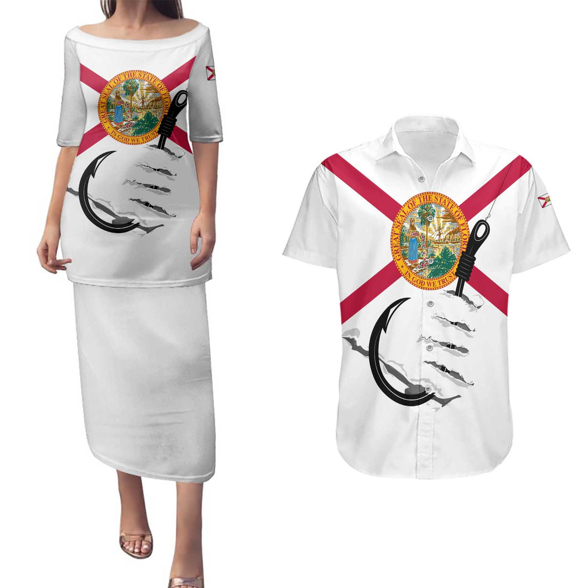 Flag Florida Fishing Couples Matching Puletasi and Hawaiian Shirt Fish Hook Rip Detail and Custom Name Red Accent Design - Wonder Print Shop