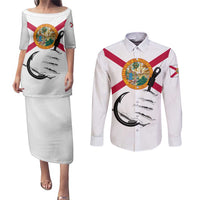 Flag Florida Fishing Couples Matching Puletasi and Long Sleeve Button Shirt Fish Hook Rip Detail and Custom Name Red Accent Design - Wonder Print Shop