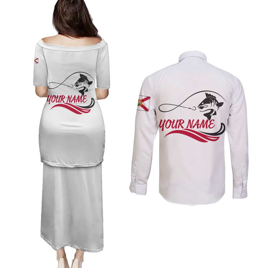 Flag Florida Fishing Couples Matching Puletasi and Long Sleeve Button Shirt Fish Hook Rip Detail and Custom Name Red Accent Design - Wonder Print Shop