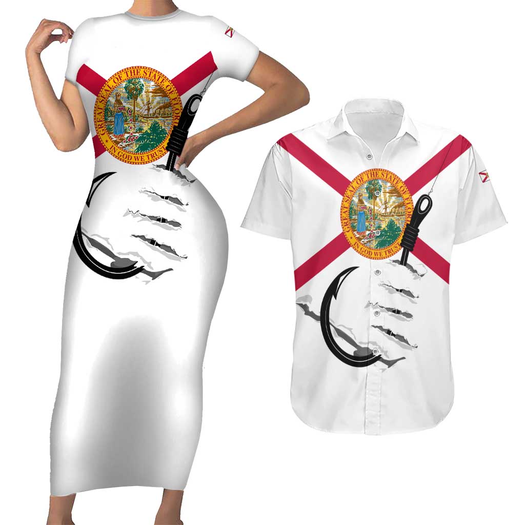 Flag Florida Fishing Couples Matching Short Sleeve Bodycon Dress and Hawaiian Shirt Fish Hook Rip Detail and Custom Name Red Accent Design - Wonder Print Shop