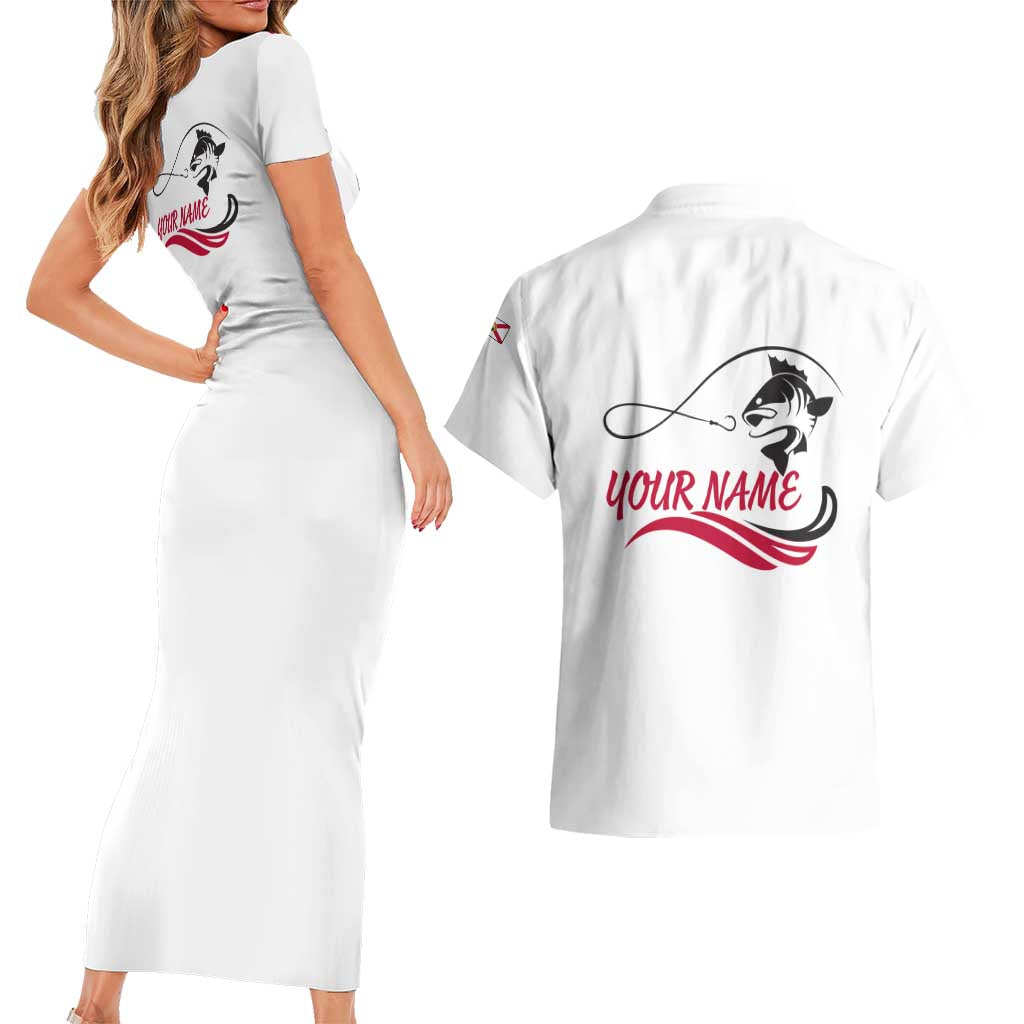 Flag Florida Fishing Couples Matching Short Sleeve Bodycon Dress and Hawaiian Shirt Fish Hook Rip Detail and Custom Name Red Accent Design - Wonder Print Shop