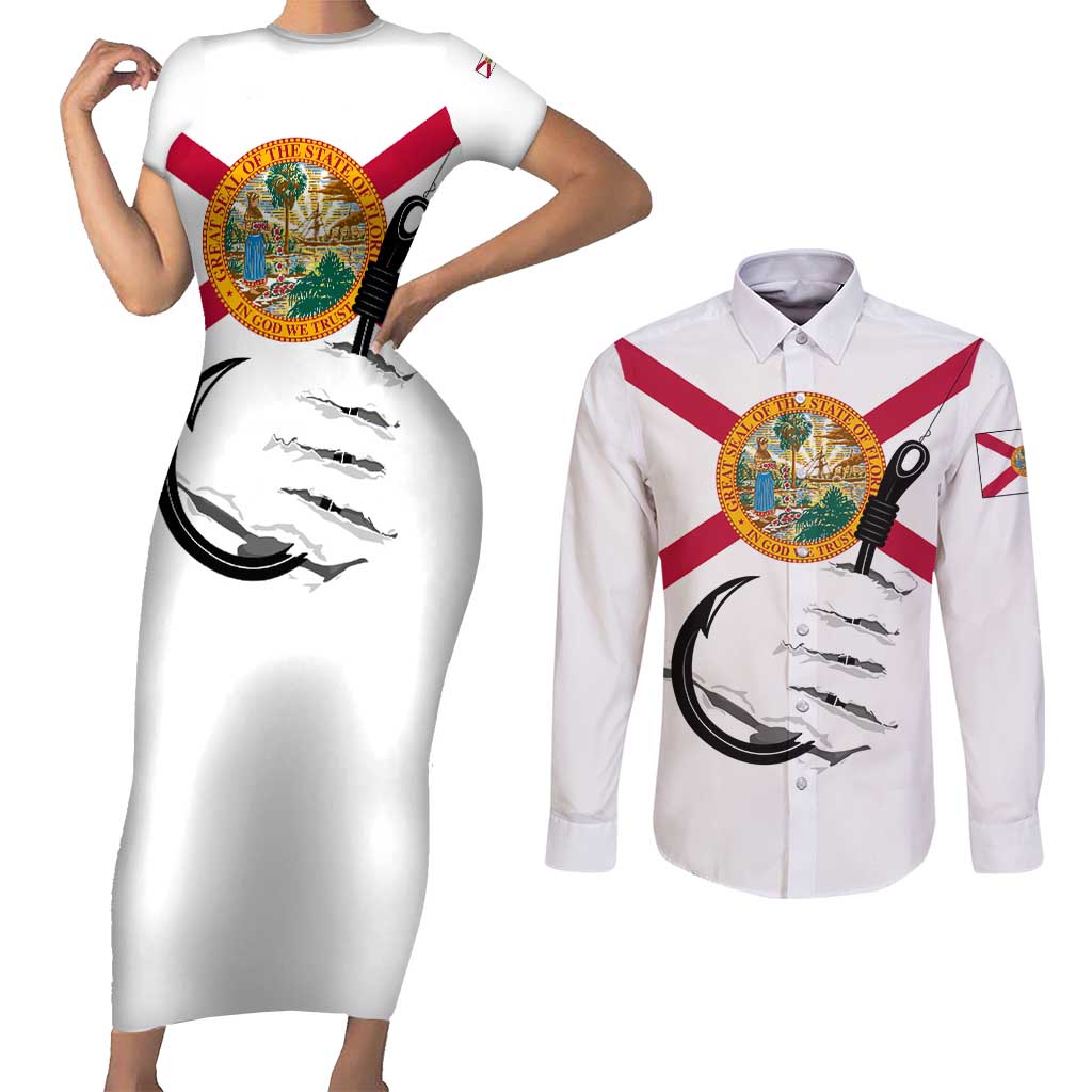 Flag Florida Fishing Couples Matching Short Sleeve Bodycon Dress and Long Sleeve Button Shirt Fish Hook Rip Detail and Custom Name Red Accent Design - Wonder Print Shop