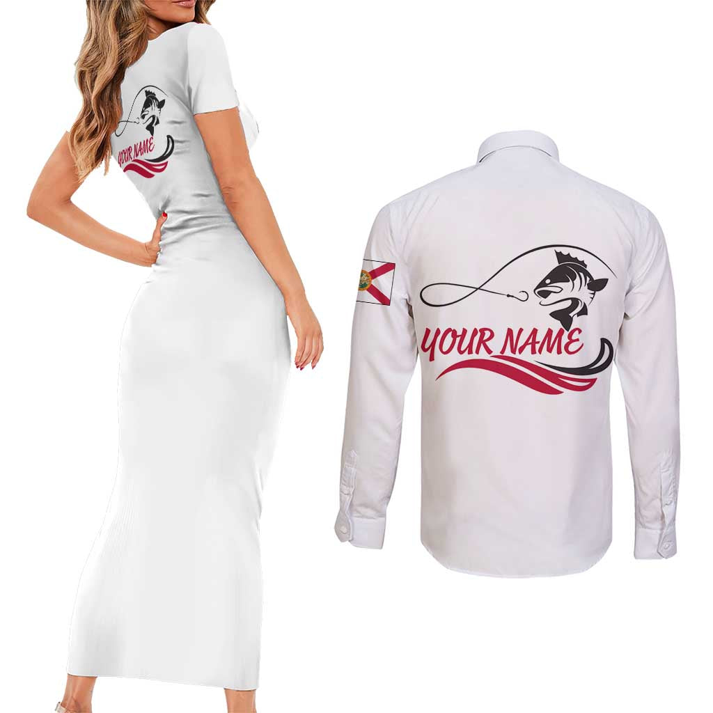 Flag Florida Fishing Couples Matching Short Sleeve Bodycon Dress and Long Sleeve Button Shirt Fish Hook Rip Detail and Custom Name Red Accent Design - Wonder Print Shop