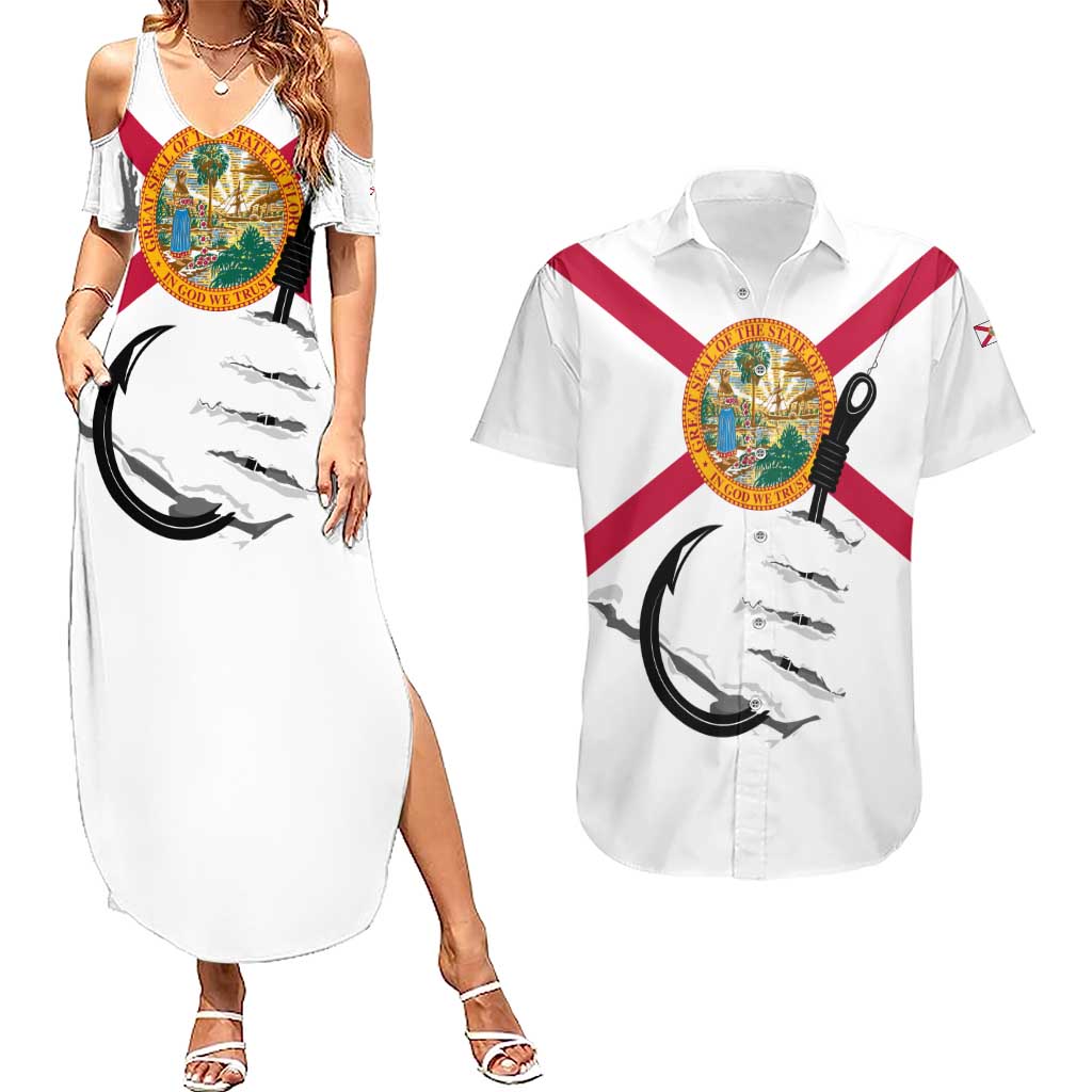 Flag Florida Fishing Couples Matching Summer Maxi Dress and Hawaiian Shirt Fish Hook Rip Detail and Custom Name Red Accent Design - Wonder Print Shop