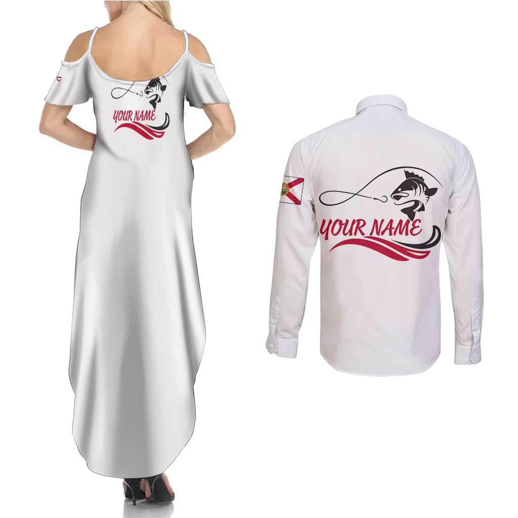 Flag Florida Fishing Couples Matching Summer Maxi Dress and Long Sleeve Button Shirt Fish Hook Rip Detail and Custom Name Red Accent Design - Wonder Print Shop
