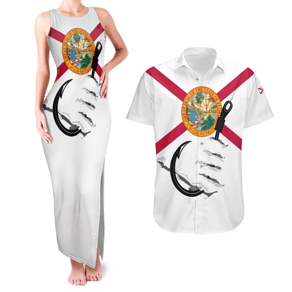 Flag Florida Fishing Couples Matching Tank Maxi Dress and Hawaiian Shirt Fish Hook Rip Detail and Custom Name Red Accent Design - Wonder Print Shop