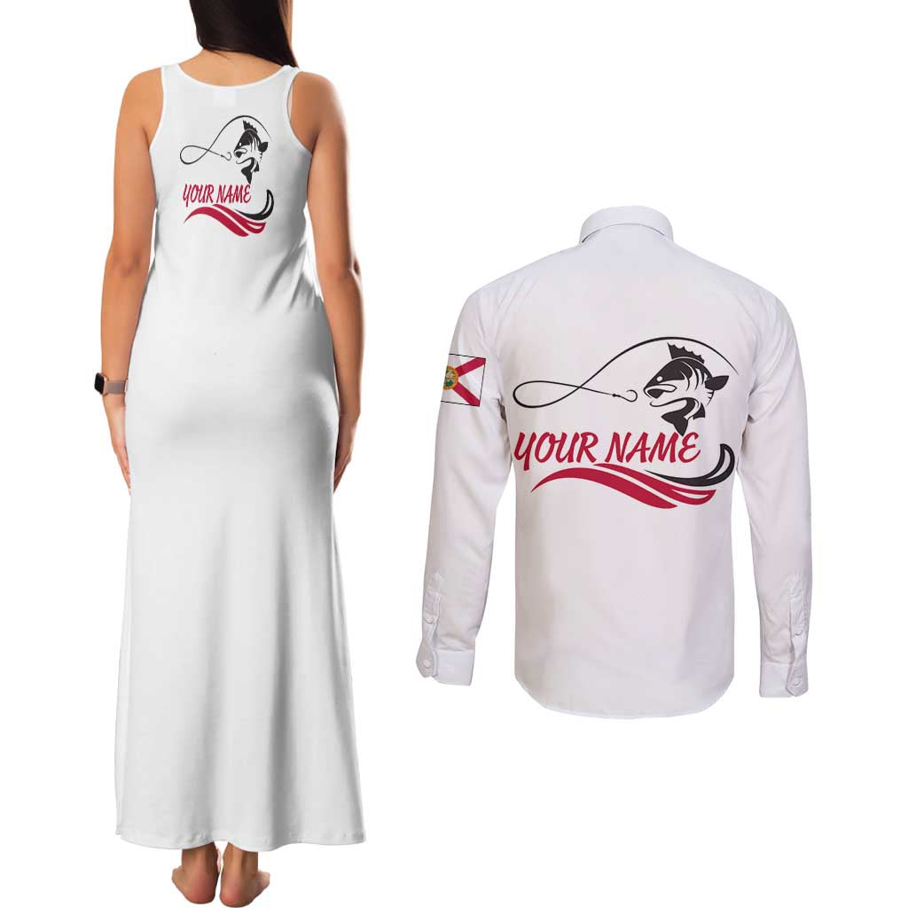 Flag Florida Fishing Couples Matching Tank Maxi Dress and Long Sleeve Button Shirt Fish Hook Rip Detail and Custom Name Red Accent Design - Wonder Print Shop