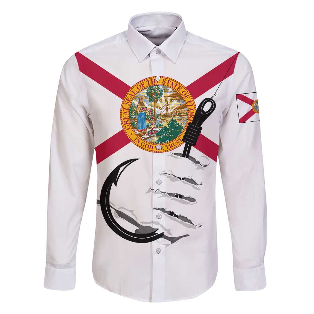 Flag Florida Fishing Family Matching Long Sleeve Bodycon Dress and Hawaiian Shirt Fish Hook Rip Detail and Custom Name Red Accent Design - Wonder Print Shop