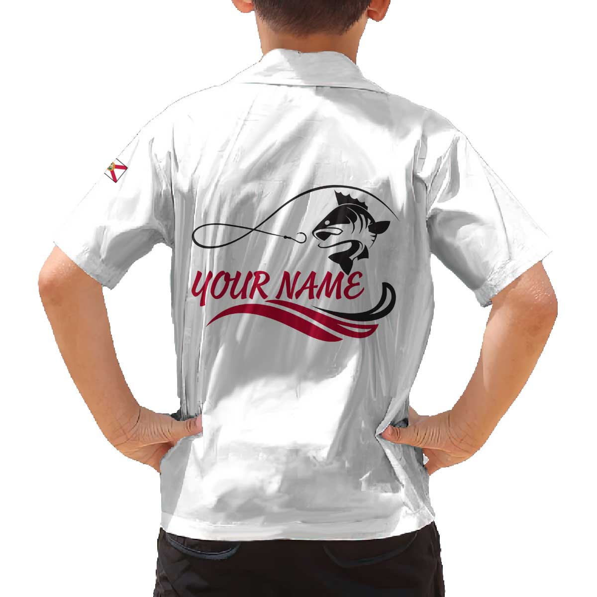 Flag Florida Fishing Family Matching Off The Shoulder Long Sleeve Dress and Hawaiian Shirt Fish Hook Rip Detail and Custom Name Red Accent Design - Wonder Print Shop