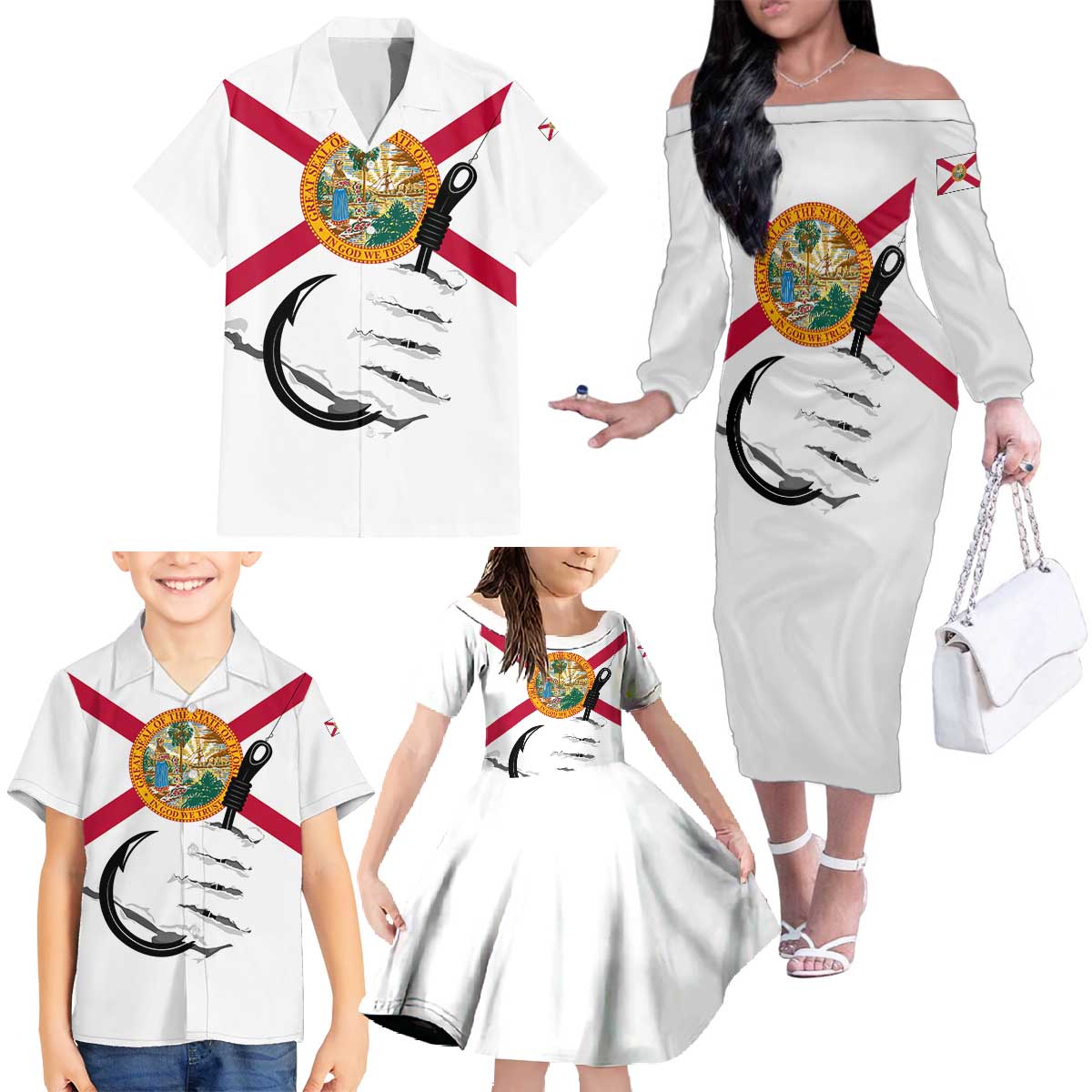 Flag Florida Fishing Family Matching Off The Shoulder Long Sleeve Dress and Hawaiian Shirt Fish Hook Rip Detail and Custom Name Red Accent Design - Wonder Print Shop