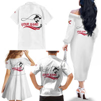 Flag Florida Fishing Family Matching Off The Shoulder Long Sleeve Dress and Hawaiian Shirt Fish Hook Rip Detail and Custom Name Red Accent Design - Wonder Print Shop