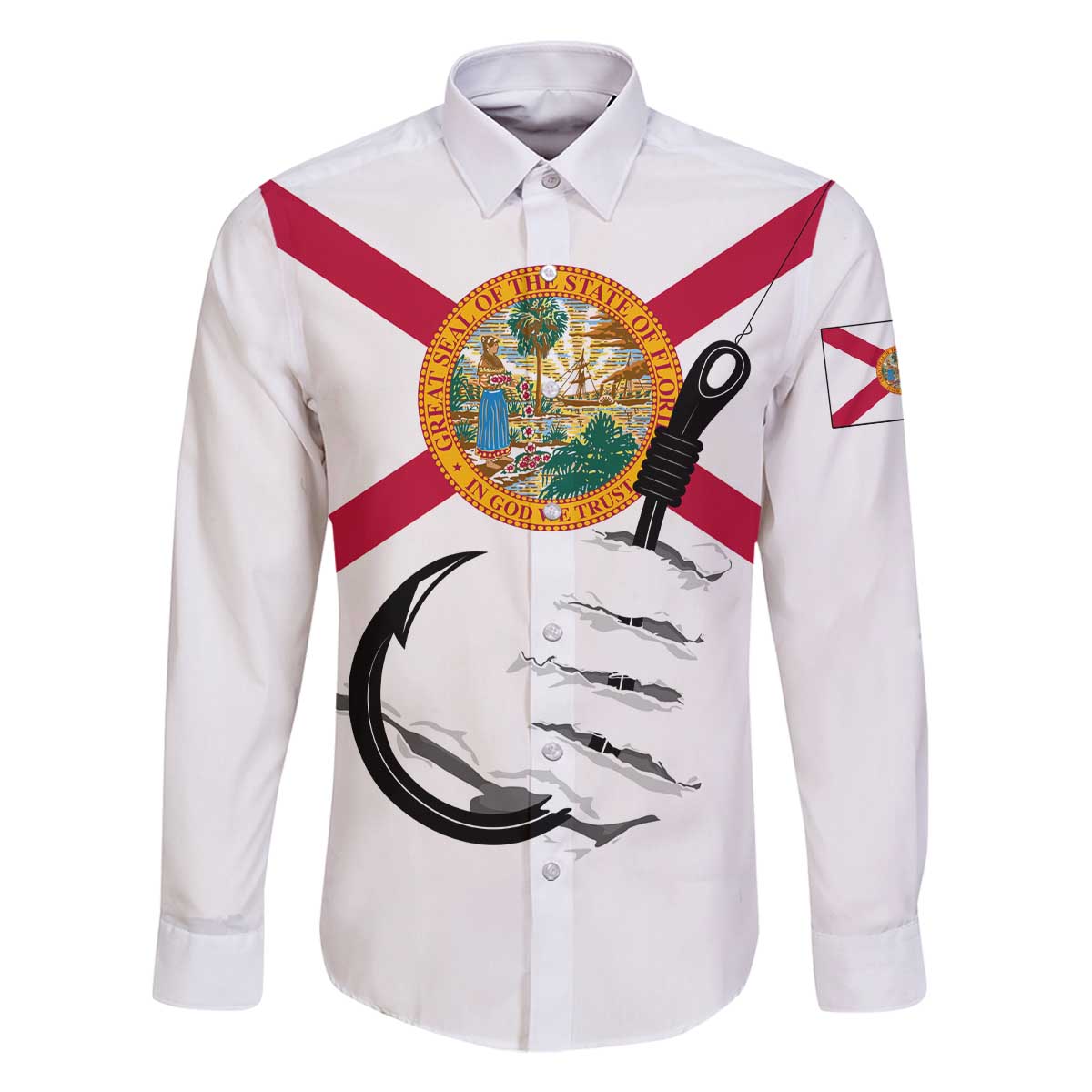 Flag Florida Fishing Family Matching Off The Shoulder Long Sleeve Dress and Hawaiian Shirt Fish Hook Rip Detail and Custom Name Red Accent Design - Wonder Print Shop