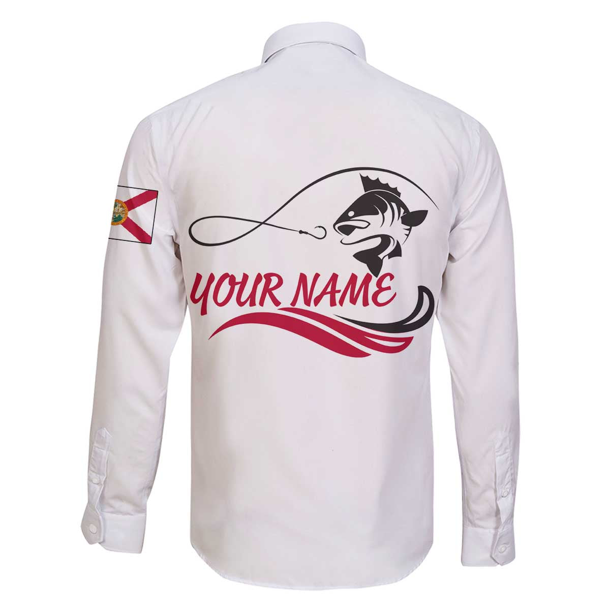 Flag Florida Fishing Family Matching Off The Shoulder Long Sleeve Dress and Hawaiian Shirt Fish Hook Rip Detail and Custom Name Red Accent Design - Wonder Print Shop