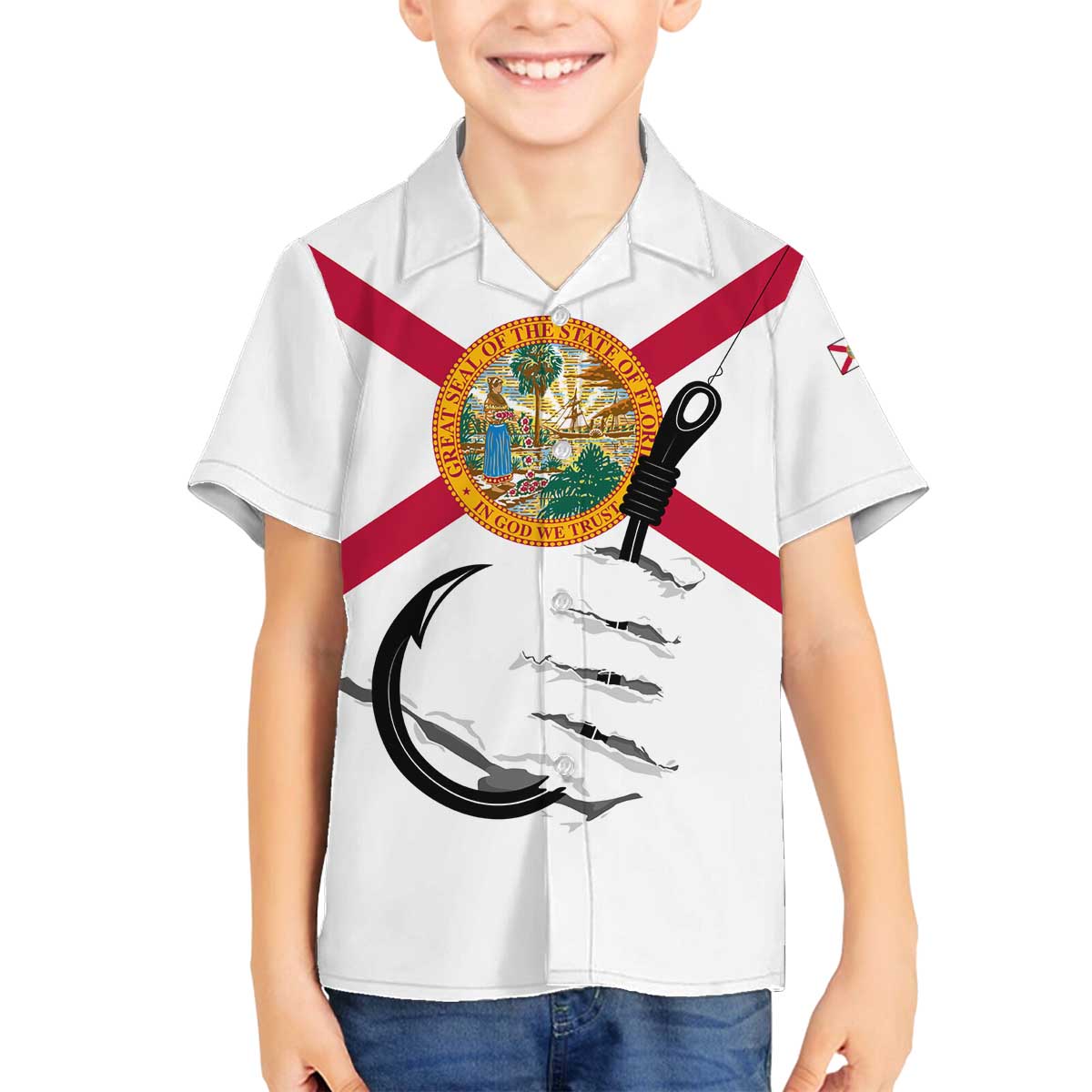 Flag Florida Fishing Family Matching Off The Shoulder Long Sleeve Dress and Hawaiian Shirt Fish Hook Rip Detail and Custom Name Red Accent Design - Wonder Print Shop