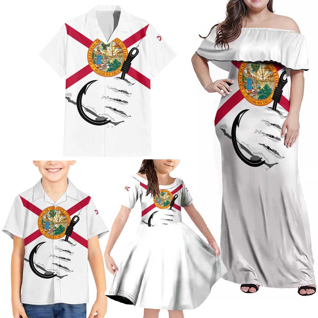 Flag Florida Fishing Family Matching Off Shoulder Maxi Dress and Hawaiian Shirt Fish Hook Rip Detail and Custom Name Red Accent Design - Wonder Print Shop