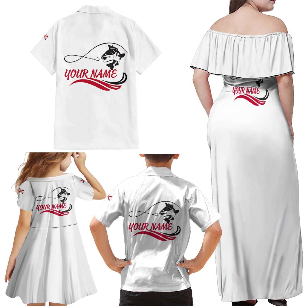 Flag Florida Fishing Family Matching Off Shoulder Maxi Dress and Hawaiian Shirt Fish Hook Rip Detail and Custom Name Red Accent Design - Wonder Print Shop
