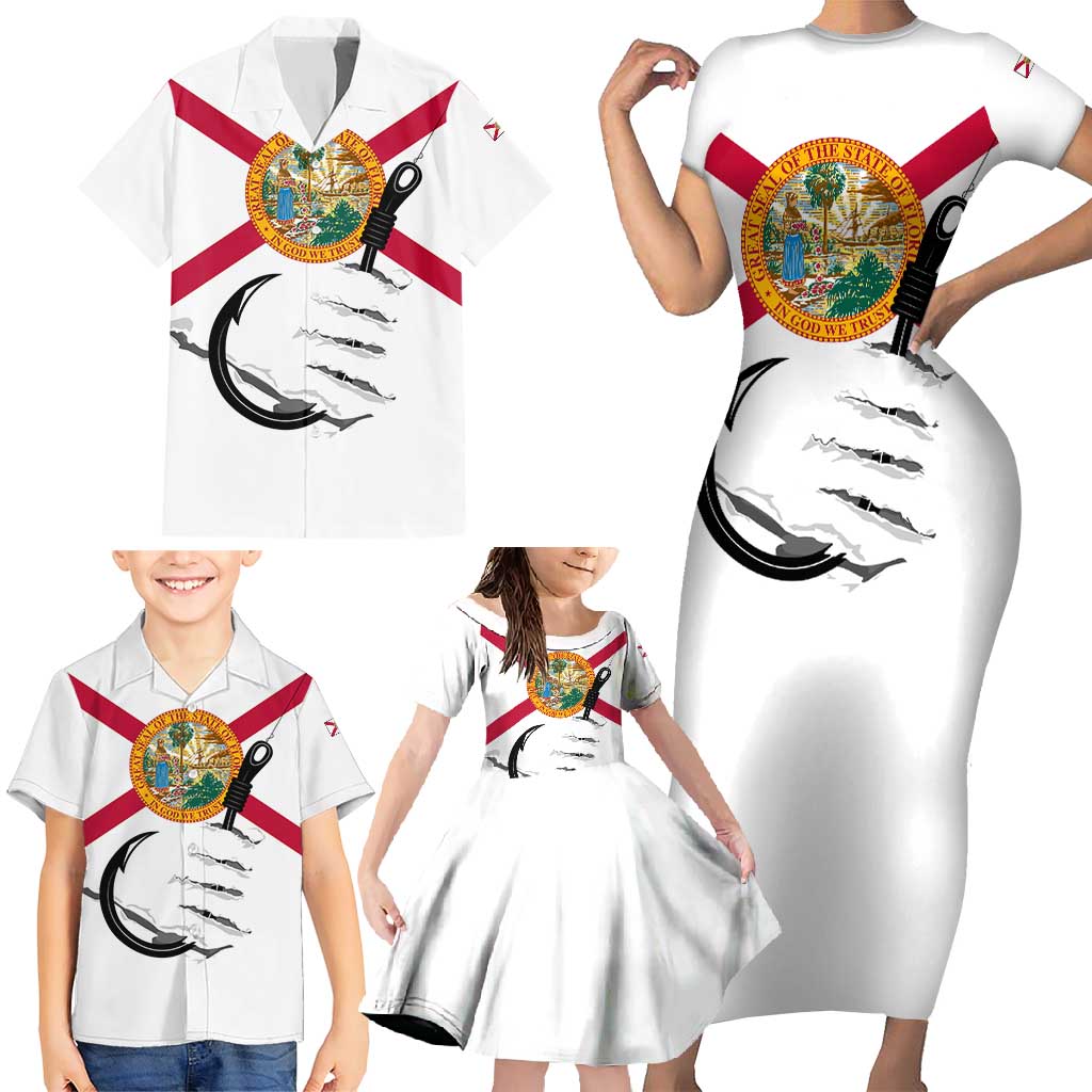 Flag Florida Fishing Family Matching Short Sleeve Bodycon Dress and Hawaiian Shirt Fish Hook Rip Detail and Custom Name Red Accent Design - Wonder Print Shop