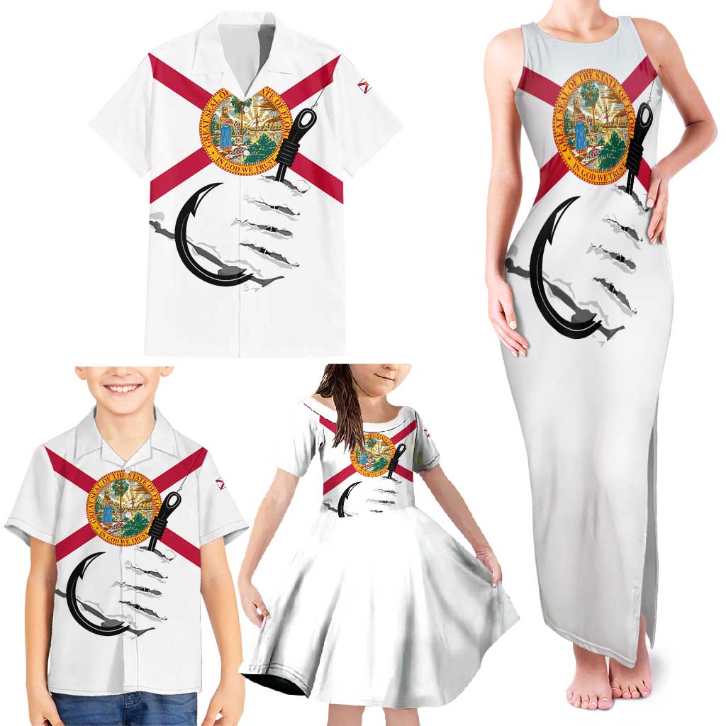 Flag Florida Fishing Family Matching Tank Maxi Dress and Hawaiian Shirt Fish Hook Rip Detail and Custom Name Red Accent Design - Wonder Print Shop