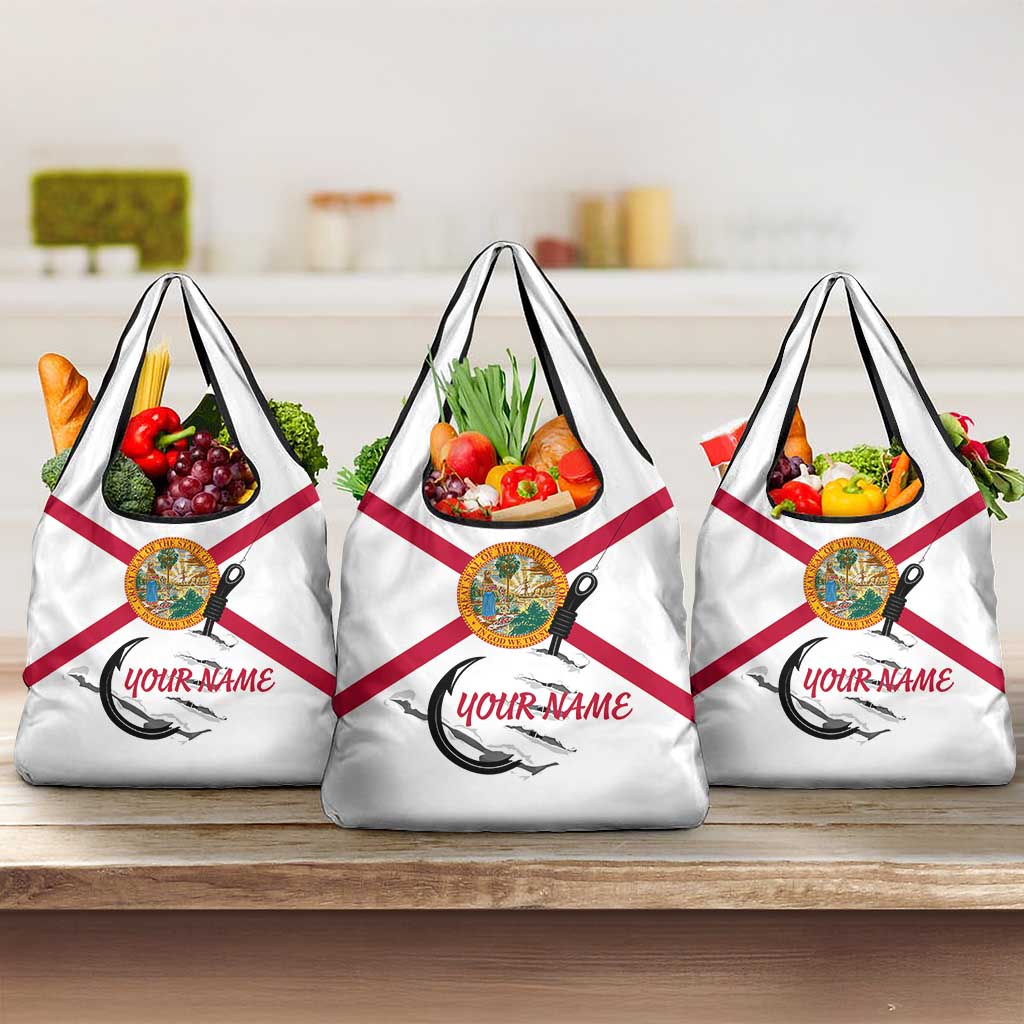 Flag Florida Fishing Grocery Bag Fish Hook Rip Detail and Custom Name Red Accent Design - Wonder Print Shop