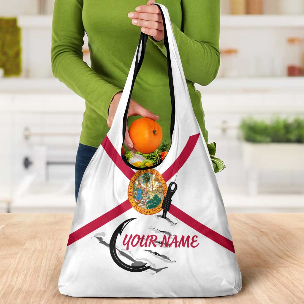 Flag Florida Fishing Grocery Bag Fish Hook Rip Detail and Custom Name Red Accent Design - Wonder Print Shop