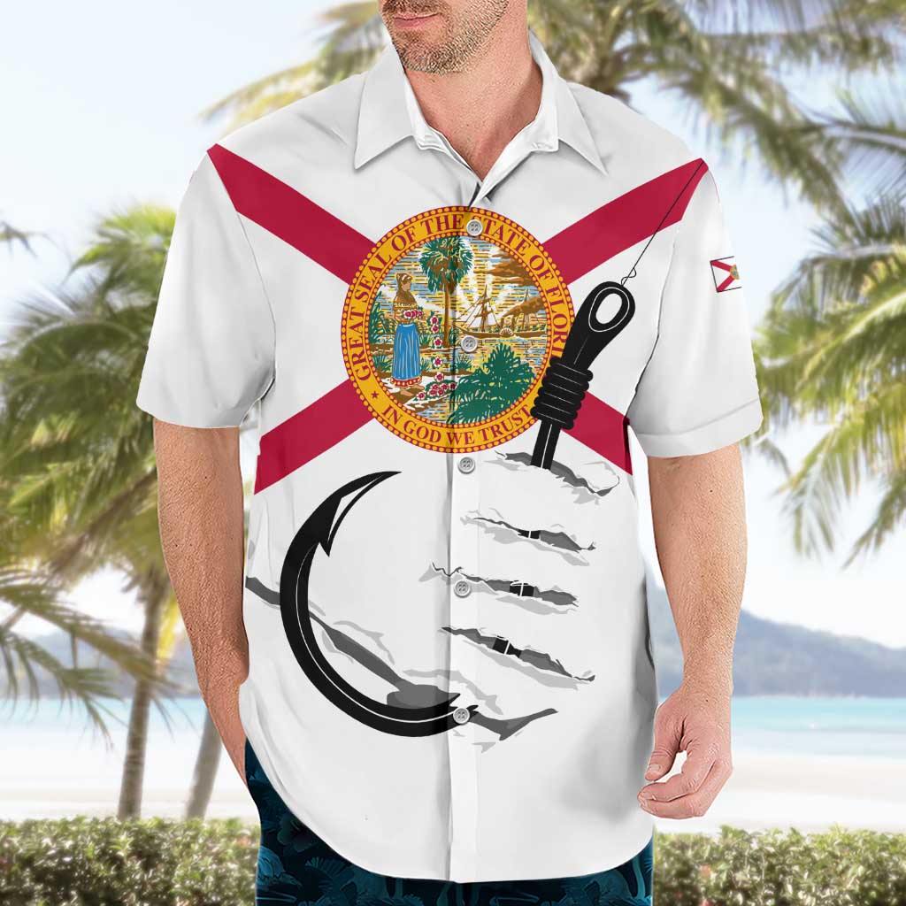 Flag Florida Fishing Hawaiian Shirt Fish Hook Rip Detail and Custom Name Red Accent Design - Wonder Print Shop