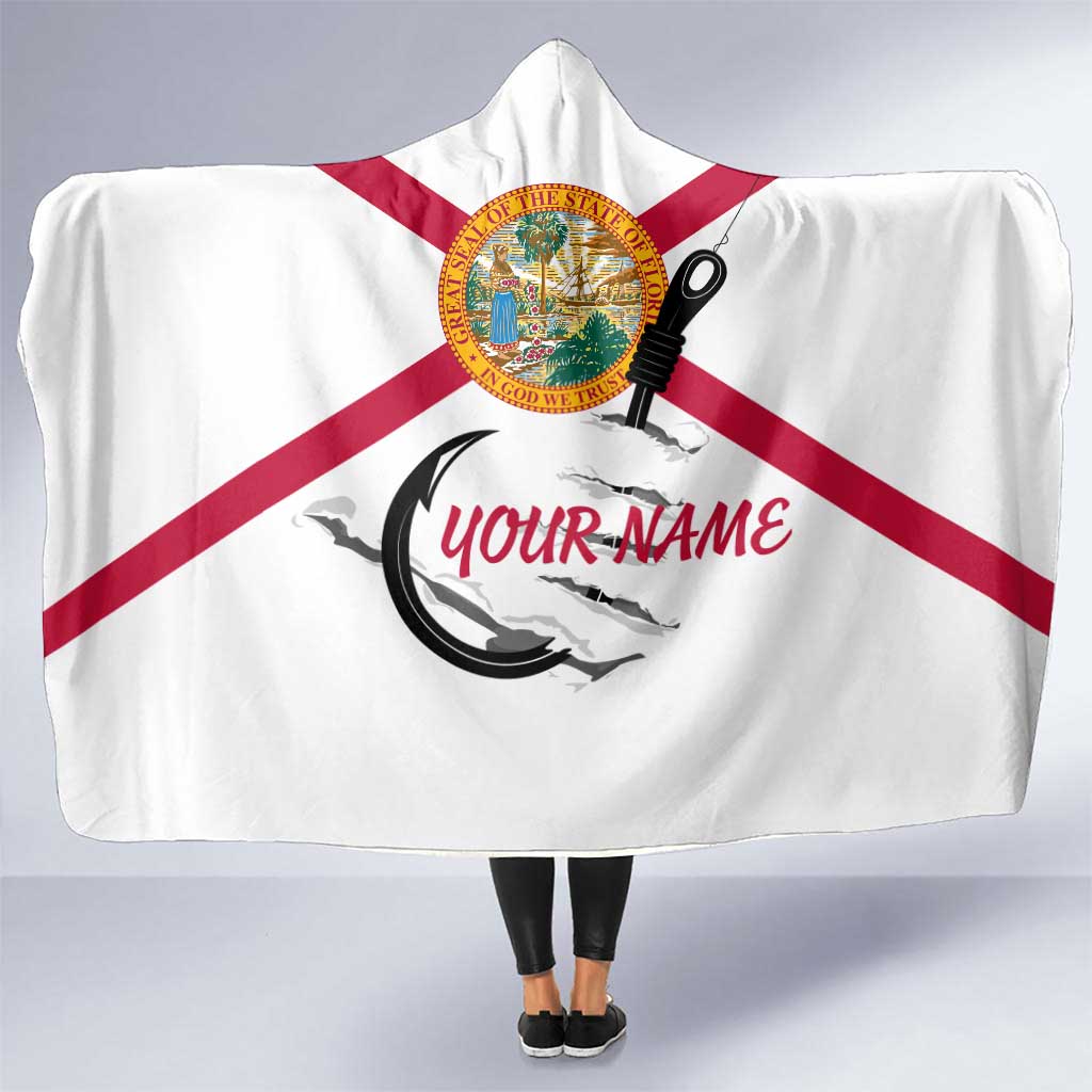 Flag Florida Fishing Hooded Blanket Fish Hook Rip Detail and Custom Name Red Accent Design - Wonder Print Shop