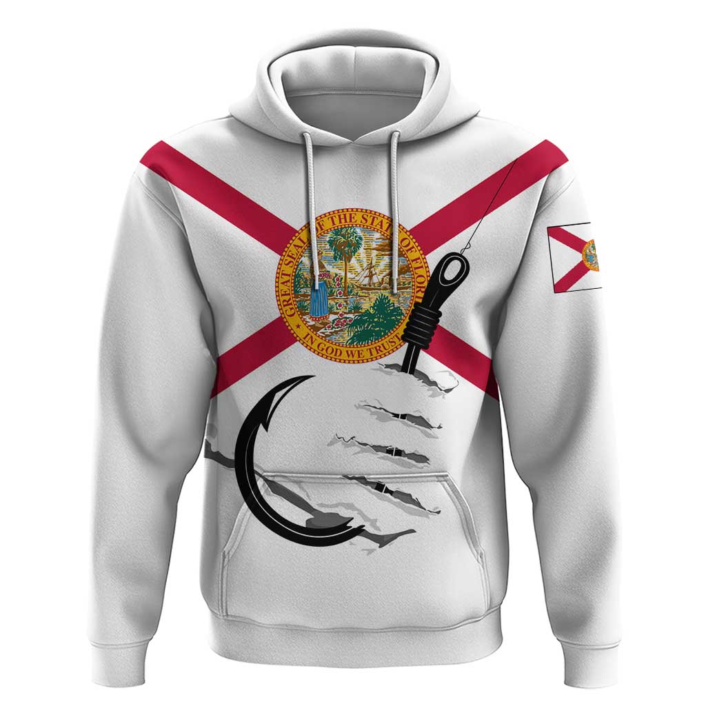 Flag Florida Fishing Hoodie Fish Hook Rip Detail and Custom Name Red Accent Design - Wonder Print Shop