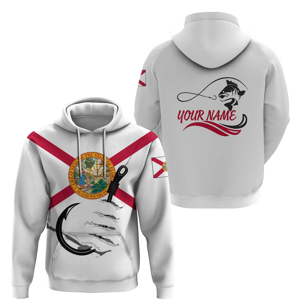Flag Florida Fishing Hoodie Fish Hook Rip Detail and Custom Name Red Accent Design - Wonder Print Shop