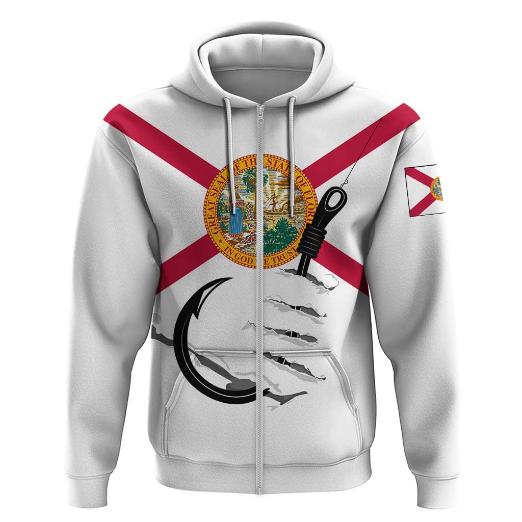 Flag Florida Fishing Hoodie Fish Hook Rip Detail and Custom Name Red Accent Design - Wonder Print Shop