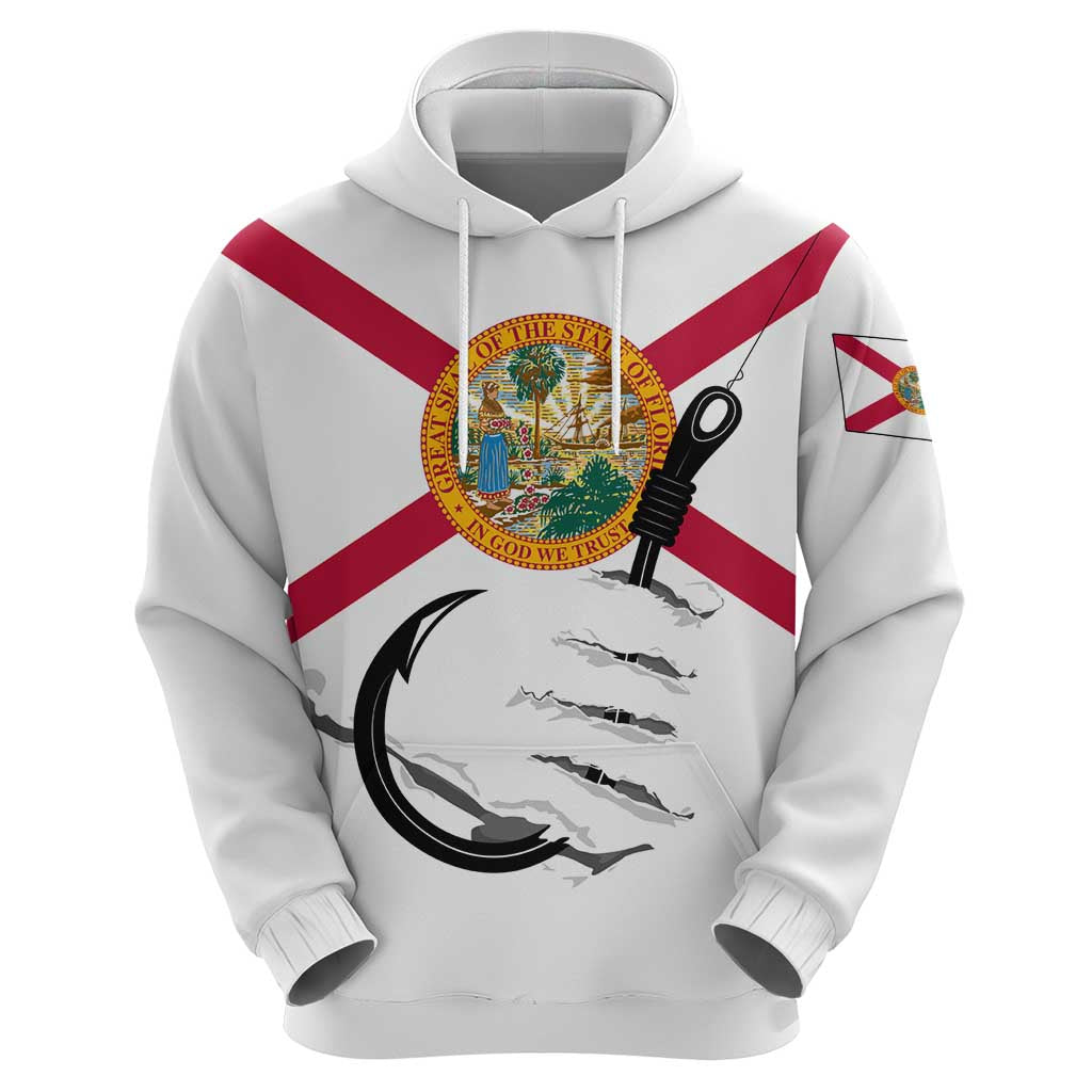 Flag Florida Fishing Hoodie Fish Hook Rip Detail and Custom Name Red Accent Design - Wonder Print Shop