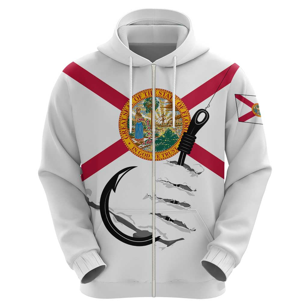 Flag Florida Fishing Hoodie Fish Hook Rip Detail and Custom Name Red Accent Design - Wonder Print Shop