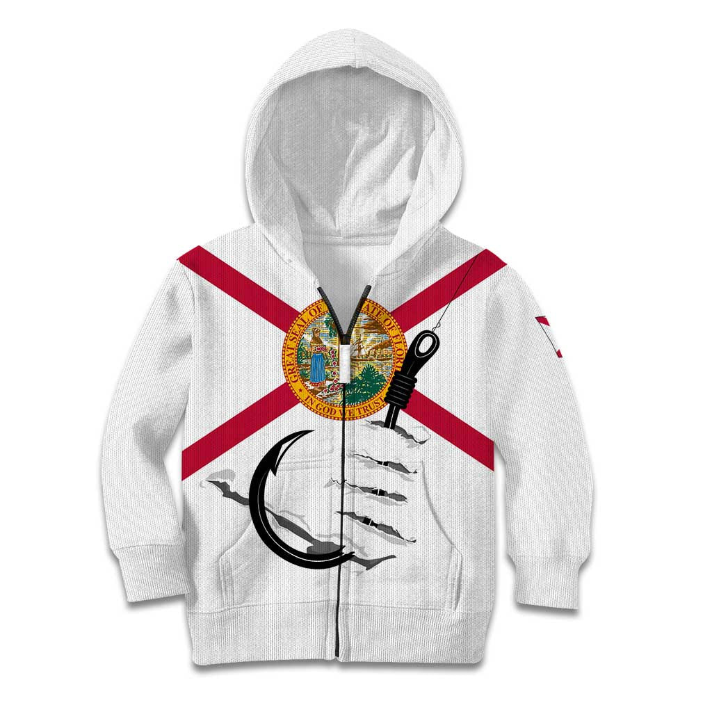 Flag Florida Fishing Kid Hoodie Fish Hook Rip Detail and Custom Name Red Accent Design - Wonder Print Shop