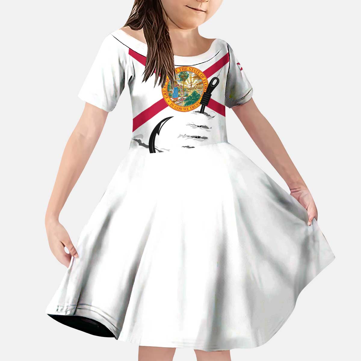 Flag Florida Fishing Kid Short Sleeve Dress Fish Hook Rip Detail and Custom Name Red Accent Design - Wonder Print Shop