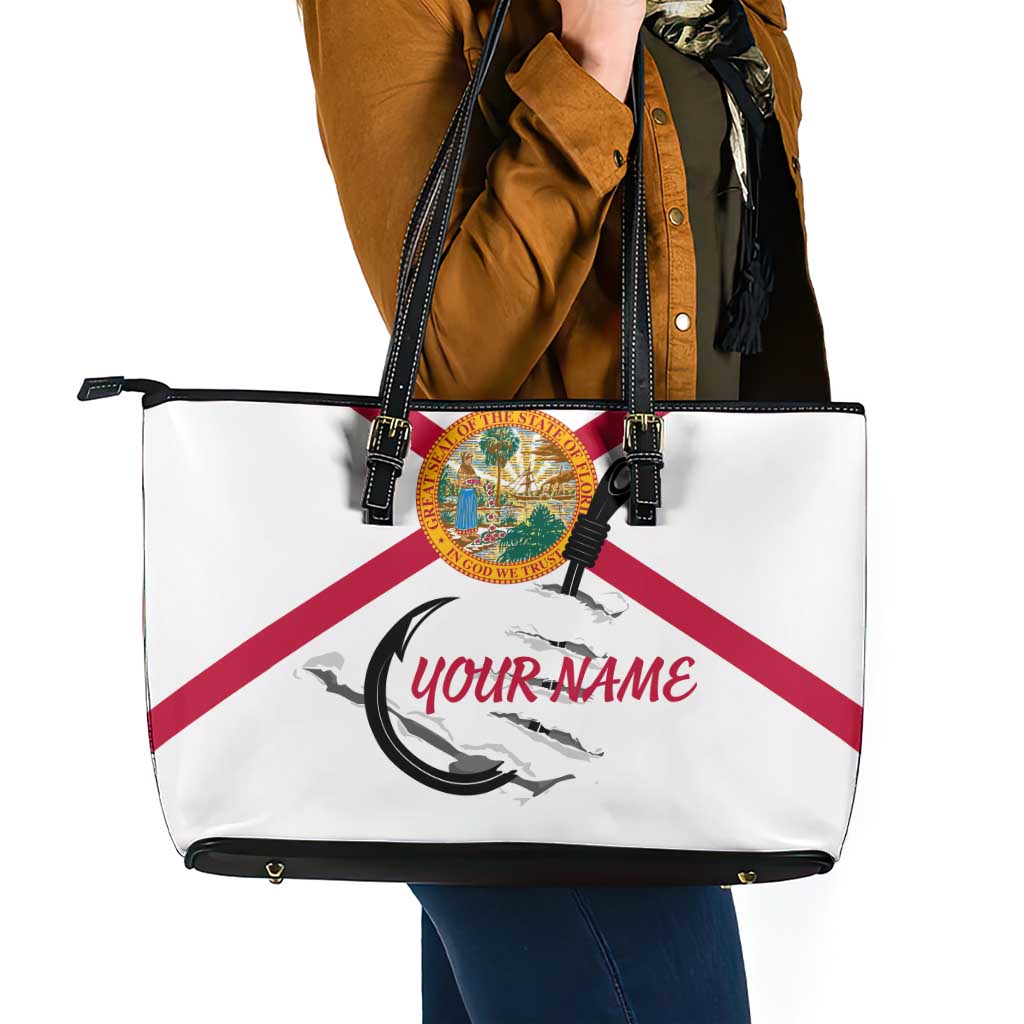 Flag Florida Fishing Leather Tote Bag Fish Hook Rip Detail and Custom Name Red Accent Design - Wonder Print Shop