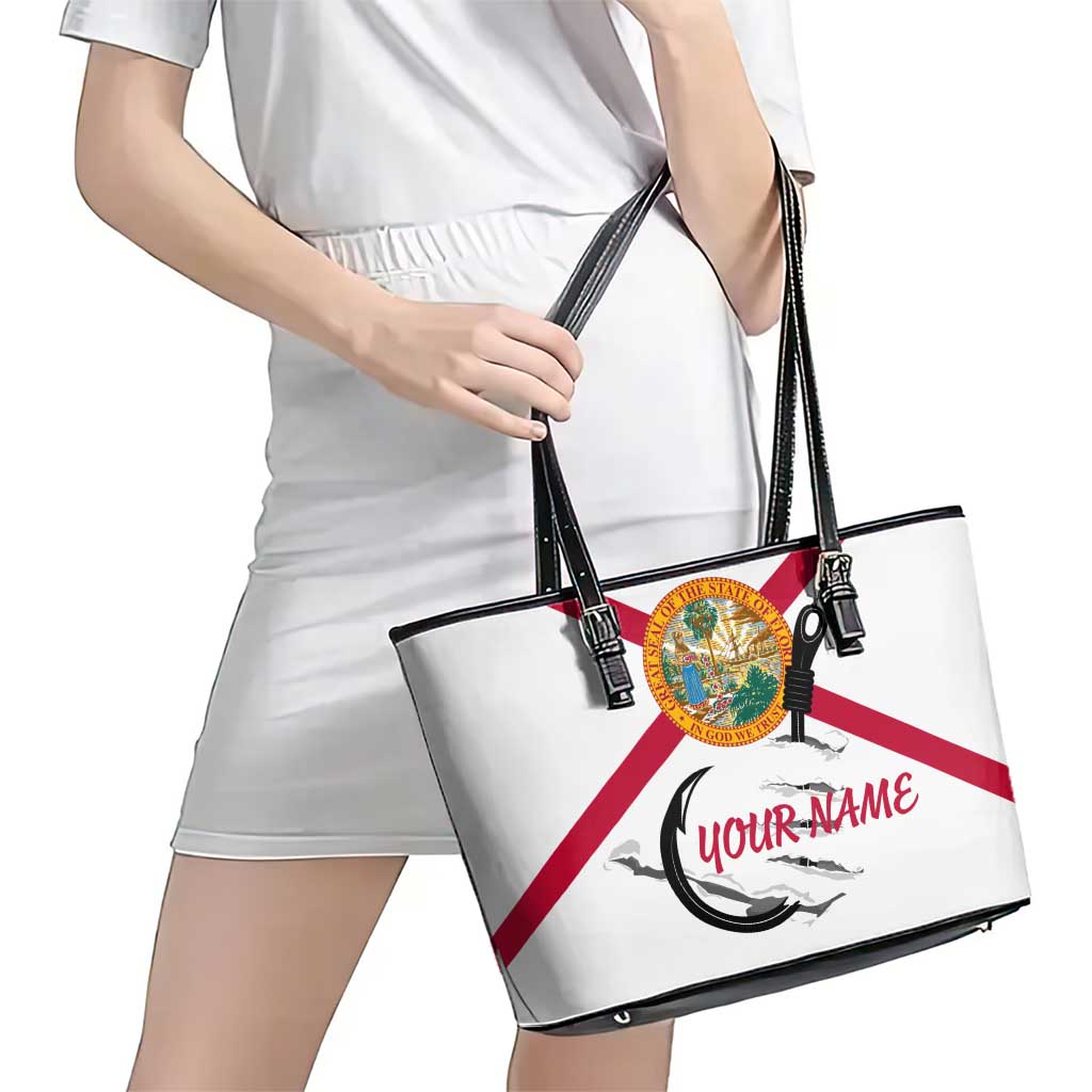 Flag Florida Fishing Leather Tote Bag Fish Hook Rip Detail and Custom Name Red Accent Design - Wonder Print Shop