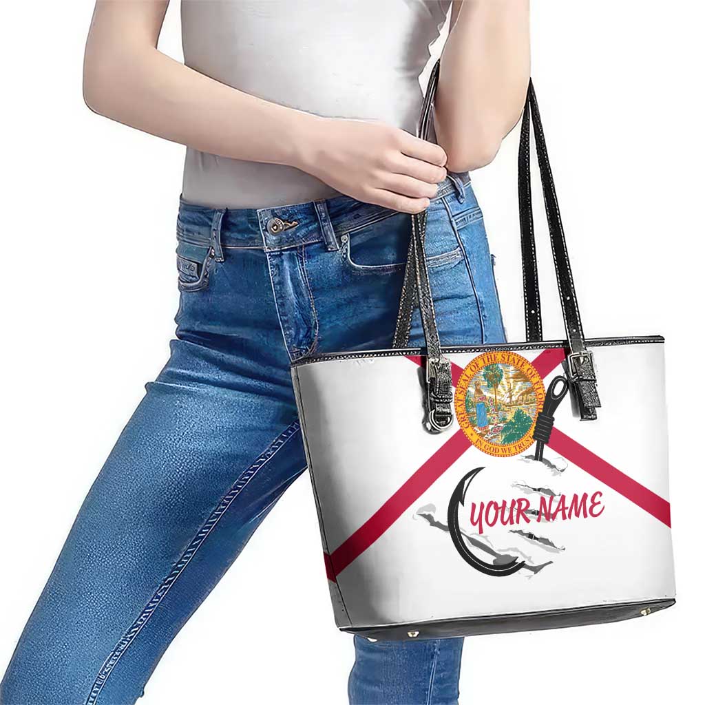 Flag Florida Fishing Leather Tote Bag Fish Hook Rip Detail and Custom Name Red Accent Design - Wonder Print Shop