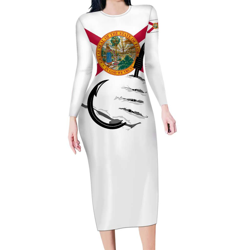 Flag Florida Fishing Long Sleeve Bodycon Dress Fish Hook Rip Detail and Custom Name Red Accent Design - Wonder Print Shop