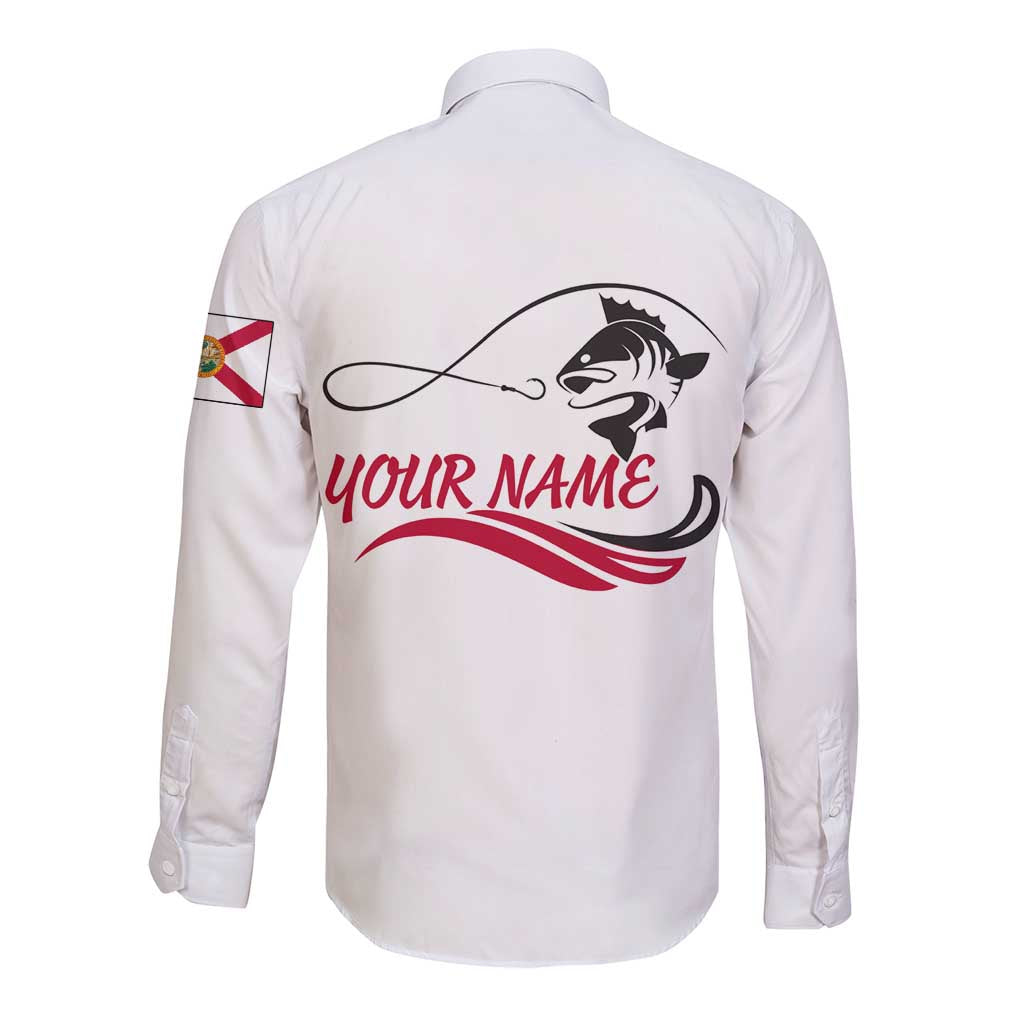 Flag Florida Fishing Long Sleeve Button Shirt Fish Hook Rip Detail and Custom Name Red Accent Design - Wonder Print Shop