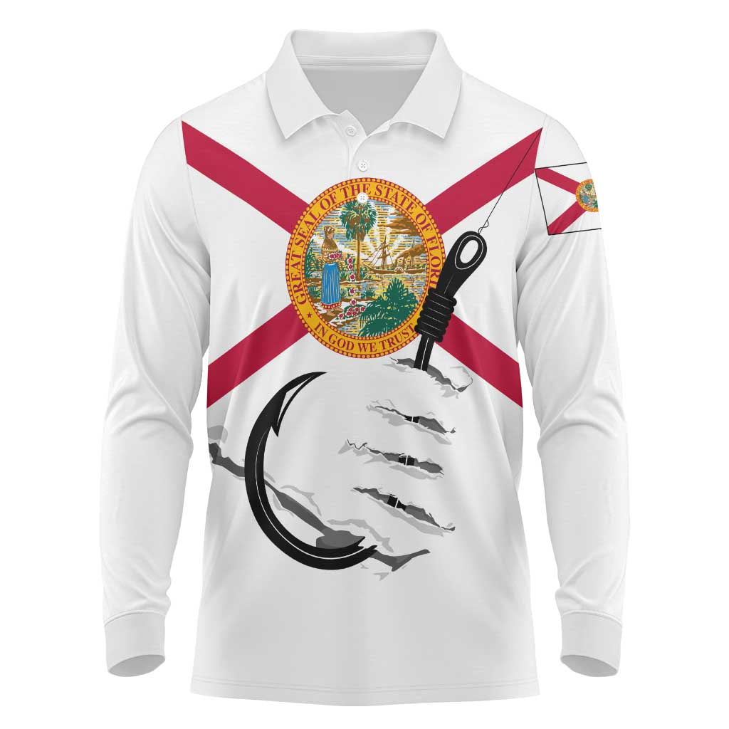 Flag Florida Fishing Long Sleeve Polo Shirt Fish Hook Rip Detail and Custom Name Red Accent Design - Wonder Print Shop