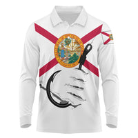 Flag Florida Fishing Long Sleeve Polo Shirt Fish Hook Rip Detail and Custom Name Red Accent Design - Wonder Print Shop