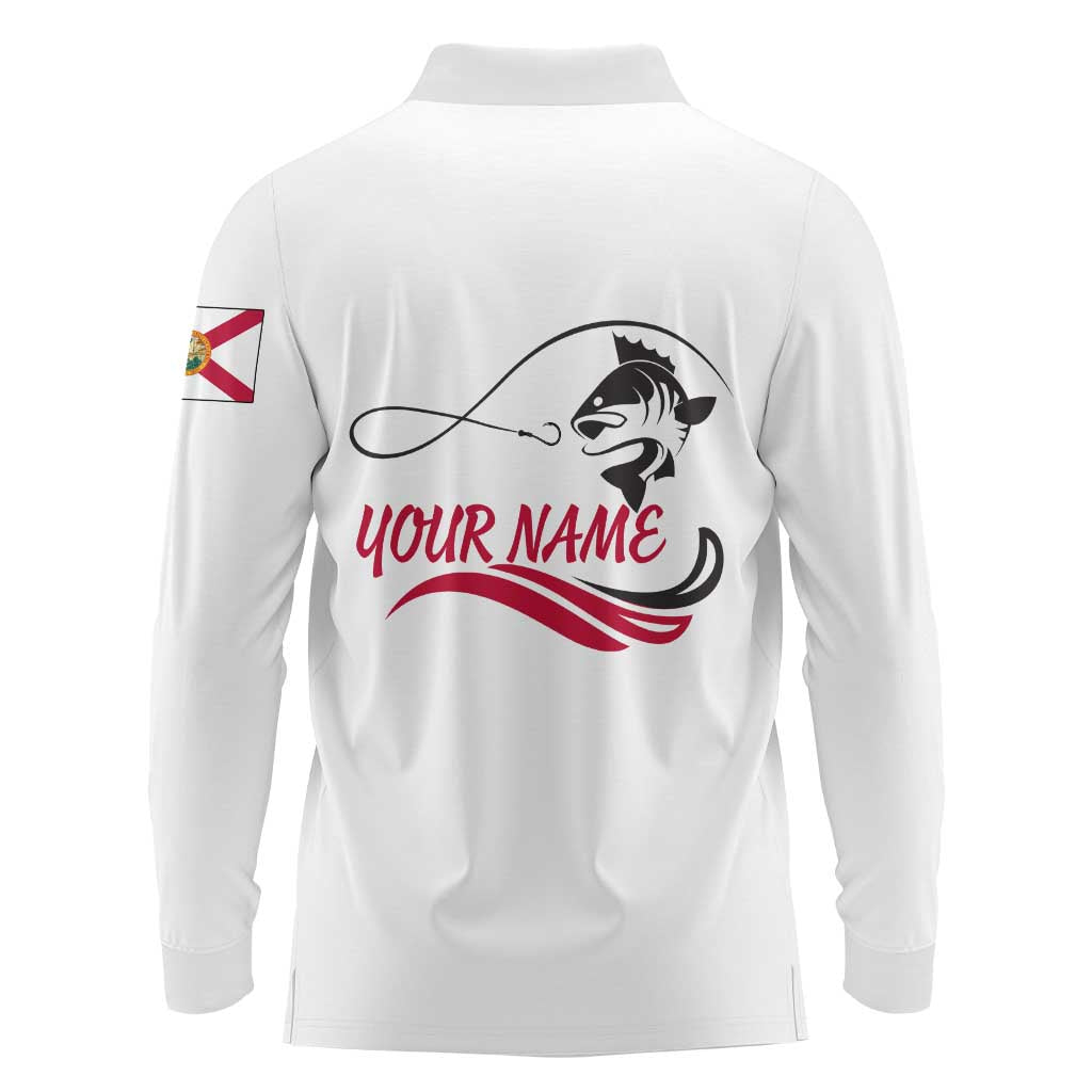 Flag Florida Fishing Long Sleeve Polo Shirt Fish Hook Rip Detail and Custom Name Red Accent Design - Wonder Print Shop