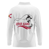 Flag Florida Fishing Long Sleeve Polo Shirt Fish Hook Rip Detail and Custom Name Red Accent Design - Wonder Print Shop