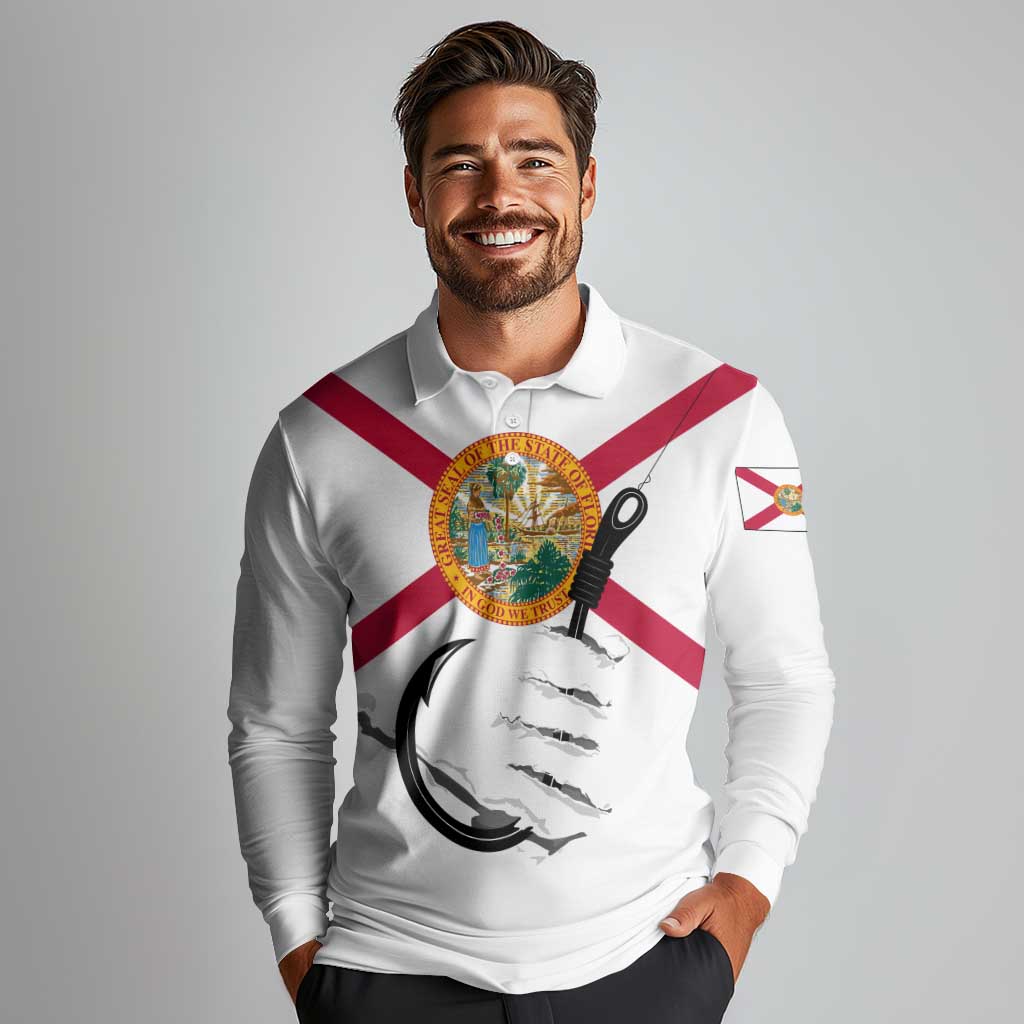 Flag Florida Fishing Long Sleeve Polo Shirt Fish Hook Rip Detail and Custom Name Red Accent Design - Wonder Print Shop