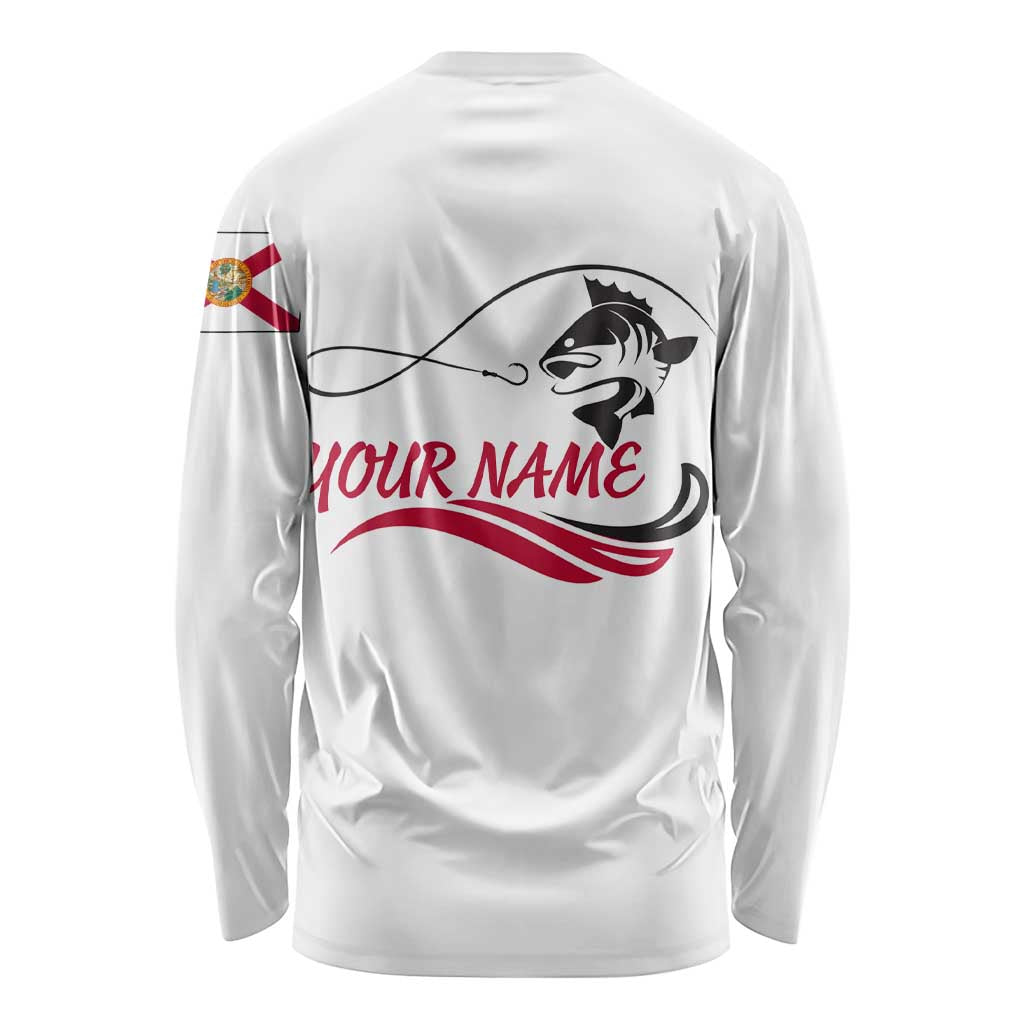 Flag Florida Fishing Long Sleeve Shirt Fish Hook Rip Detail and Custom Name Red Accent Design - Wonder Print Shop