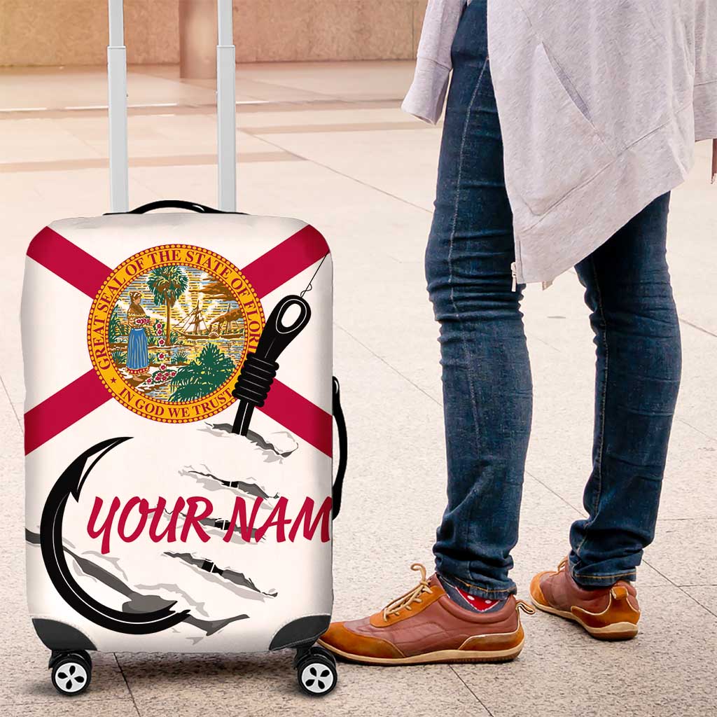 Flag Florida Fishing Luggage Cover Fish Hook Rip Detail and Custom Name Red Accent Design - Wonder Print Shop
